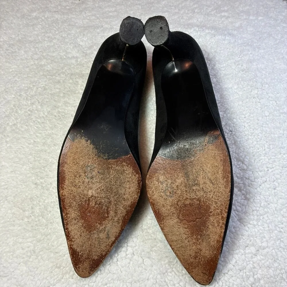 Stuart Weitzman black suede 7W heels Gold embellished‎ Elegant Quiet Luxury Glam